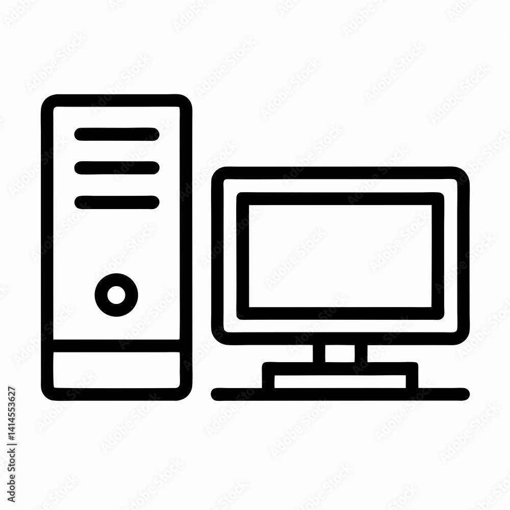 Aufkleber desktop computer outline icon with cpu tower isolated on white background