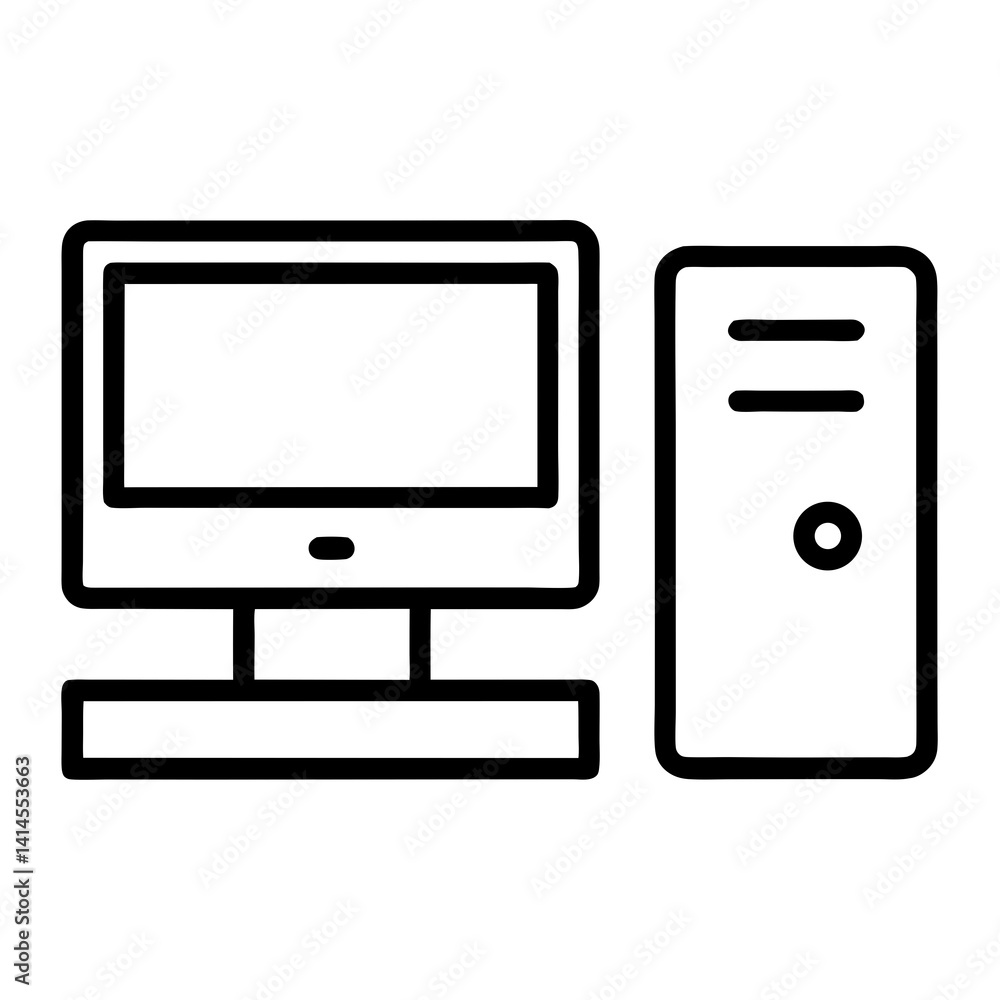 Poster desktop computer outline icon isolated on white minimalist design style