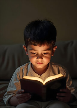Young Muslim Boy Reading the Quran at Home in Peaceful Light