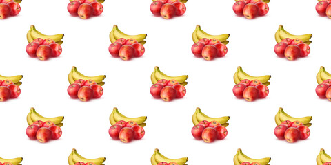 Seamless pattern of red apples and bananas creating a vibrant design on white background