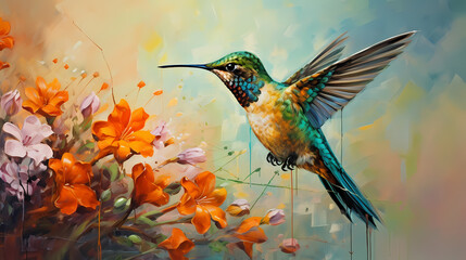 Fototapeta premium hummingbird close-up over a flower painted with texture paste palette knife in relief on a light background abstract decorative painting