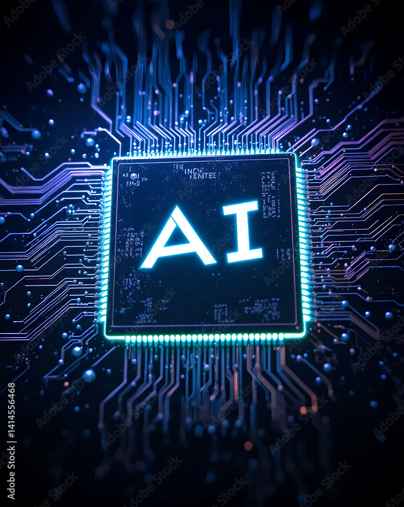 Poster futuristic ai brain, a microchip designed for complex computations.