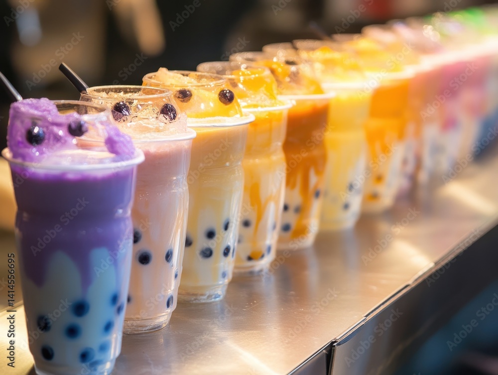 Poster array of refreshing bubble tea drinks in vibrant colors on a shiny countertop displaying a variety o