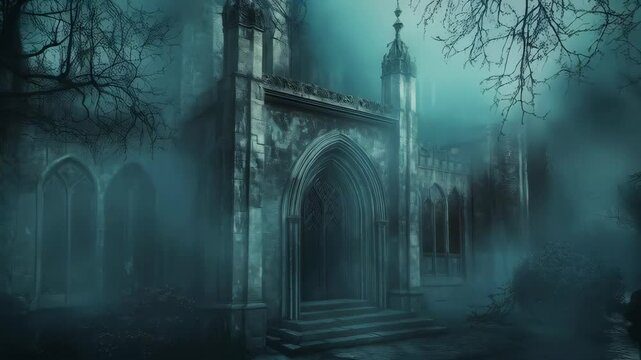 Eerie atmospheric gothic scene with a ruined castle and ambience elements