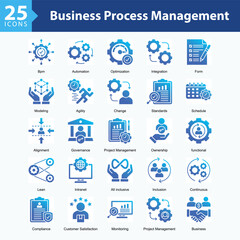 Business Process Management features a collection of icons in a sheet format representing operational efficiency, project management, automation, and process compliance in modern business.
