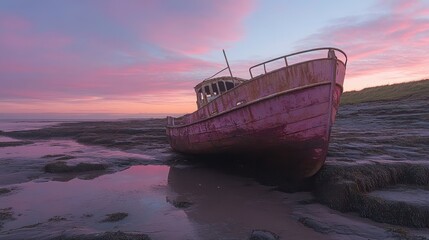 Abandoned Fishing Boat at Low Tide Reflecting Pink Sunset Sky on Mudflat Coastal Landscape Serene Scene Capturing Tranquility and Decay with Dramatic Lighting