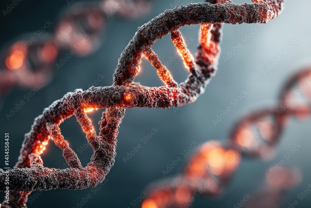 Poster a close-up of a dna double helix structure, showcasing its intricate design with glowing elements ag