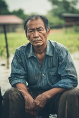 Fototapeta premium Portrait of a weathered Asian farmer with a thoughtful expression sitting in a rural landscape after working in the field