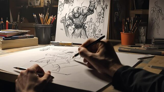 Artist sketching fantasy figures at a workbench
