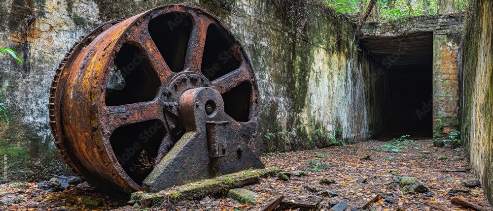 Poster captivating rusty wheel of abandoned machinery in a decaying structure with a dark tunnel entrance o