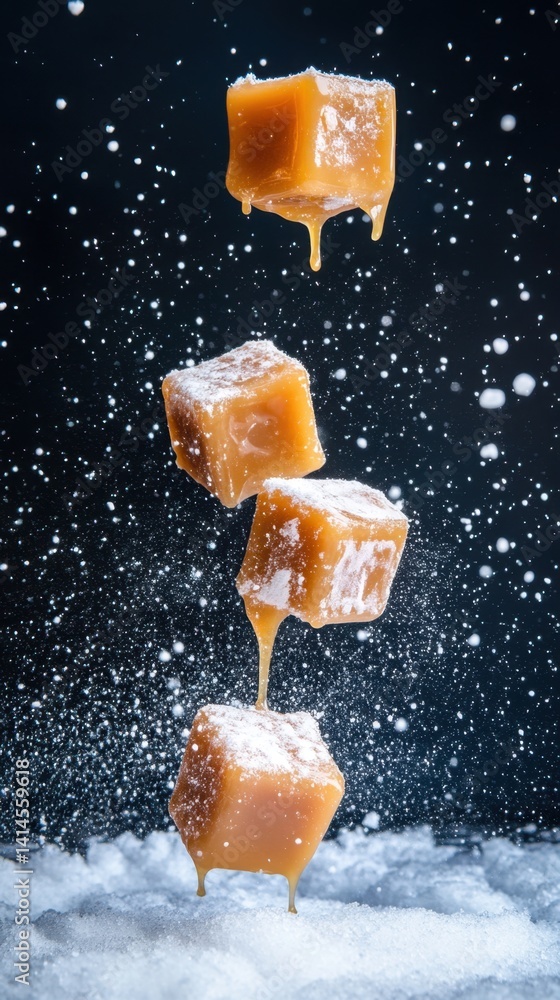 Aufkleber delicious caramel cubes falling with sugar dust on a dark background creating a sweet and tempting t
