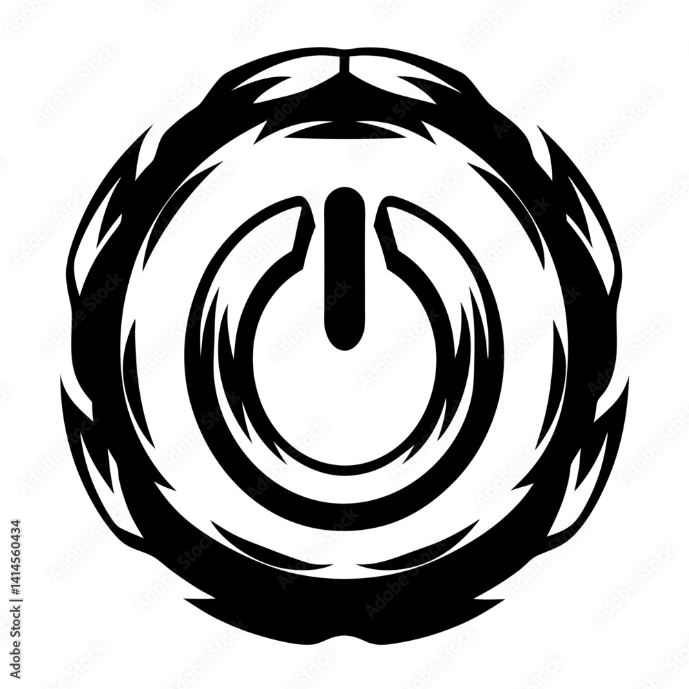 Poster stylized power button surrounded by a tribal or flamelike circular design
