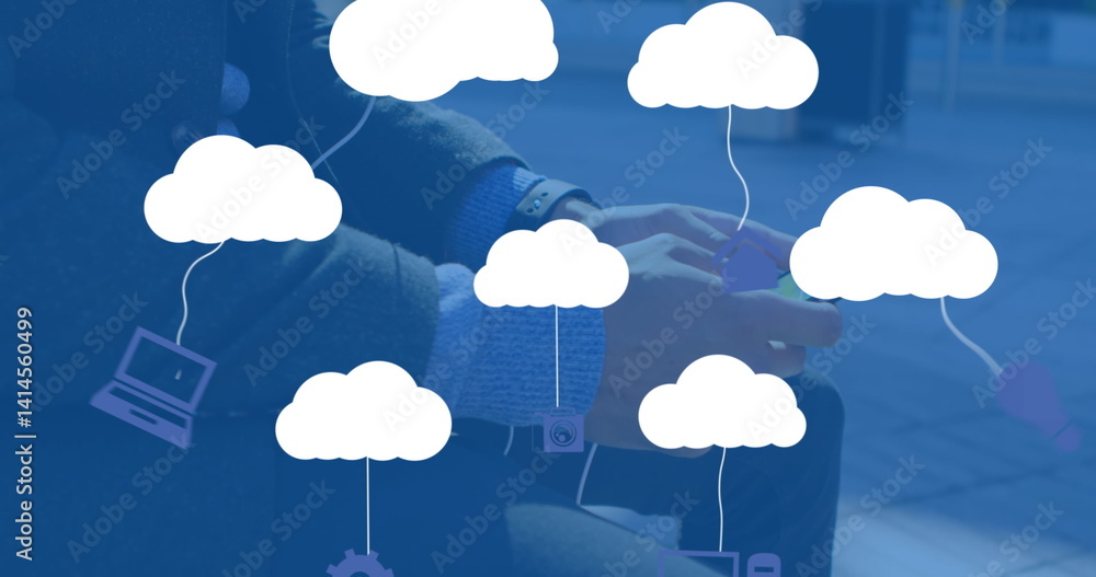 Aufkleber image of clouds with electronic devices over caucasian businessman using smartphone