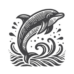 Naklejka premium Simple Dolphin Leaping Out of Water Vector Icon Design – Vintage Retro Logo & Illustration