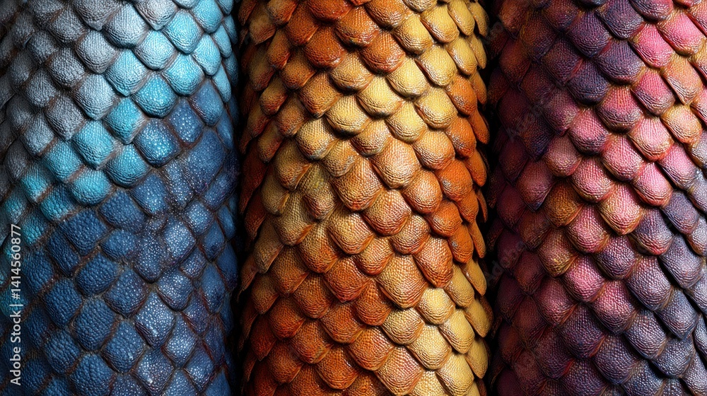 Poster Textured Dragon Scales Surface with Colorful Patterned Design Close Up View