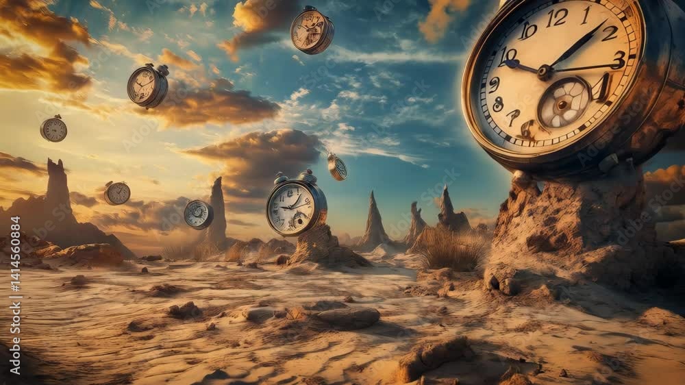 Poster abstract time related concept with old clocks in the desert. surreal, bizarre atmosphere.