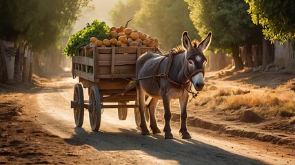 A donkey pulls a cart filled with fresh produce along a sunlit rural path, evoking a serene agricultural scene.