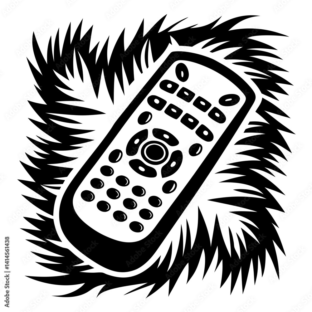 Poster a stylized remote control encircled by angular black spikes on white background