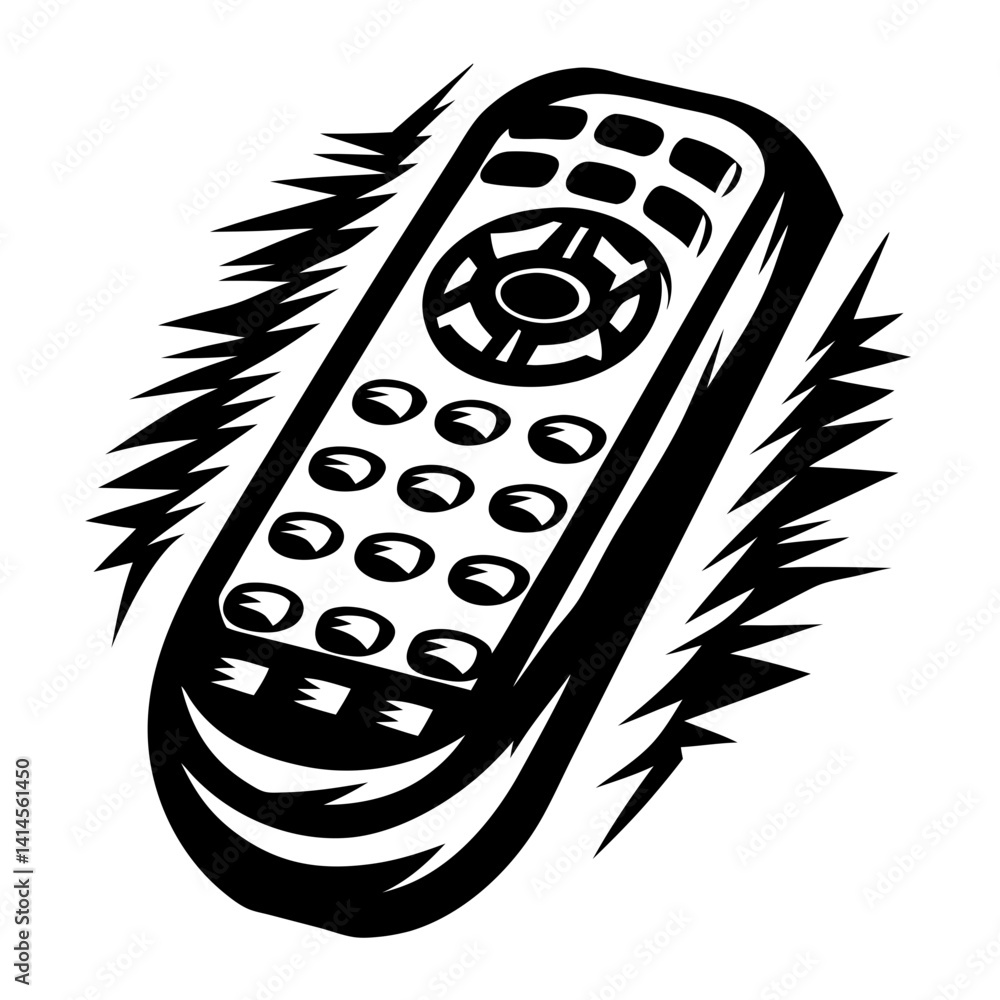 Poster stylized monochrome remote control image with jagged background effect around the object
