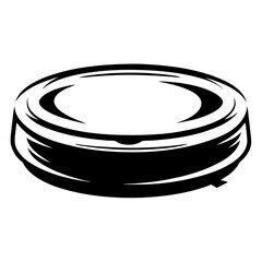 Black and white image of a round puck shaped container with a lid