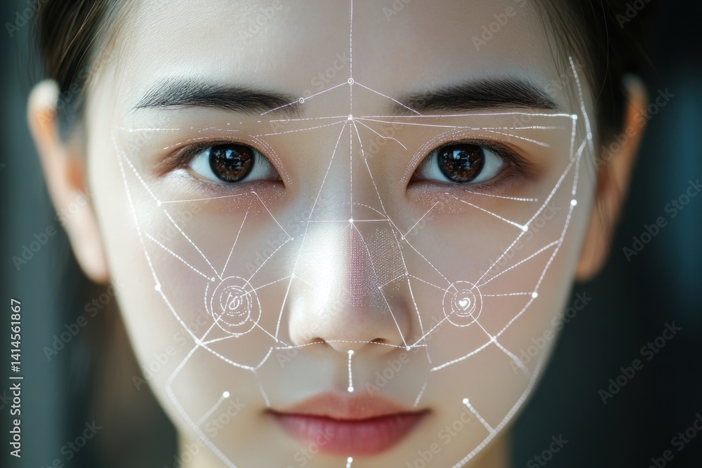 Poster facial recognition technology: a close-up portrait of a woman's face with an overlay of a digital ne