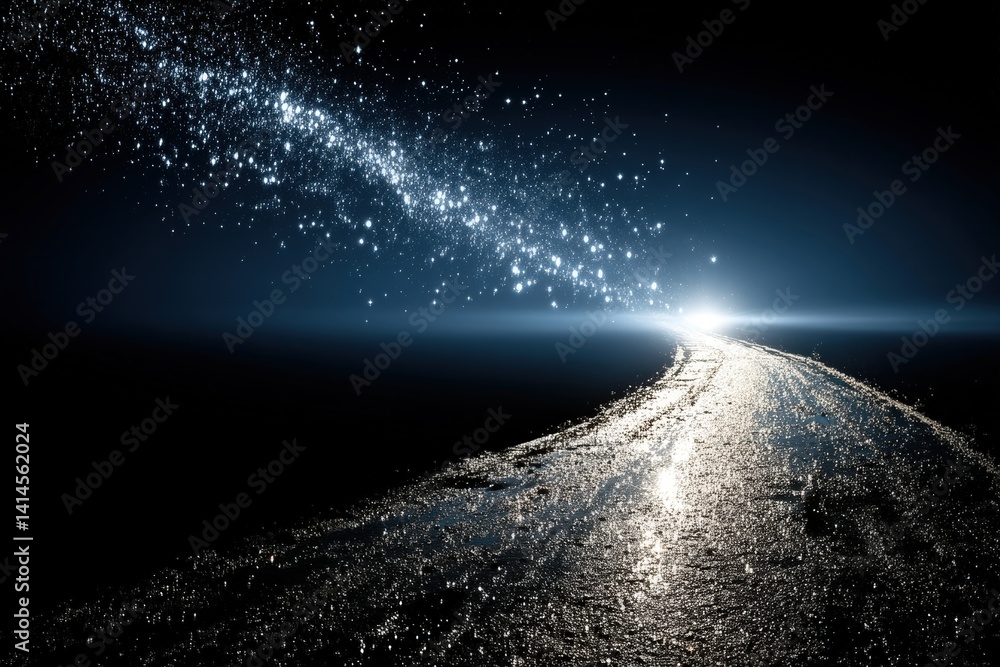 Poster a shimmering path leads toward a bright light in a dark expanse, evoking a sense of wonder and explo