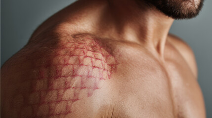 Fototapeta premium close up of man shoulder showing unique skin pattern resembling grid, Shingles disease concept