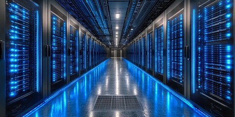 Obraz premium Advanced Data Center with Server Racks and LED Lighting for Digital Infrastructure