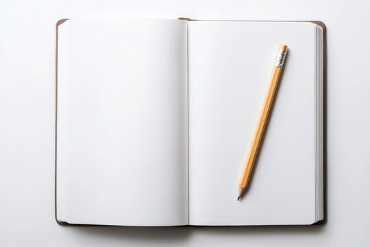Blank pages invite creativity, with simple pencil resting nearby
