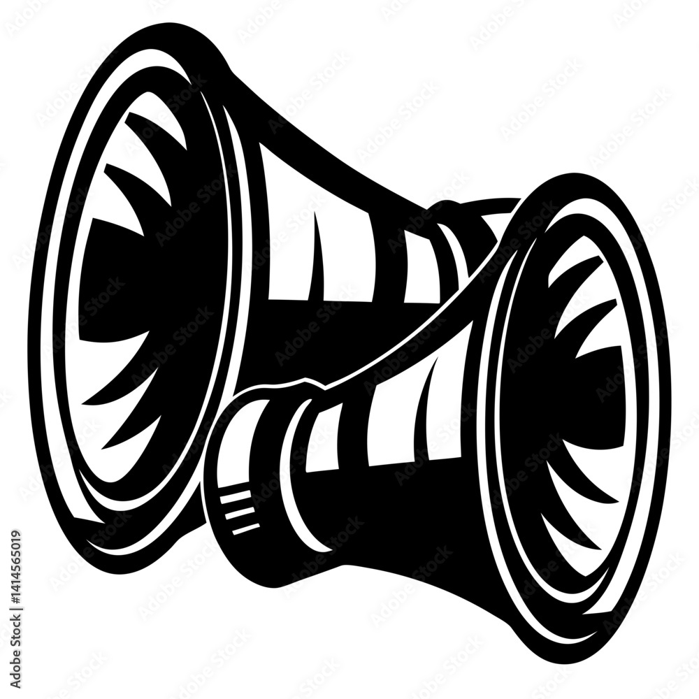 Poster graphic image of two binoculars in black and white monochrome style