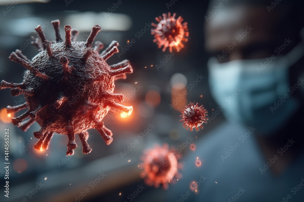 Poster a digital rendering of a virus, highlighted against a blurred background, showcasing spikes and a gl