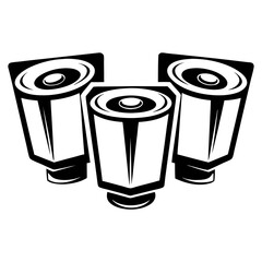 Symmetrical black and white illustration featuring three unique spotlight objects