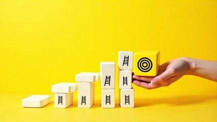 Hand Placing Target Cube on Growth Staircase Symbolizing Goal Achievement and Progress