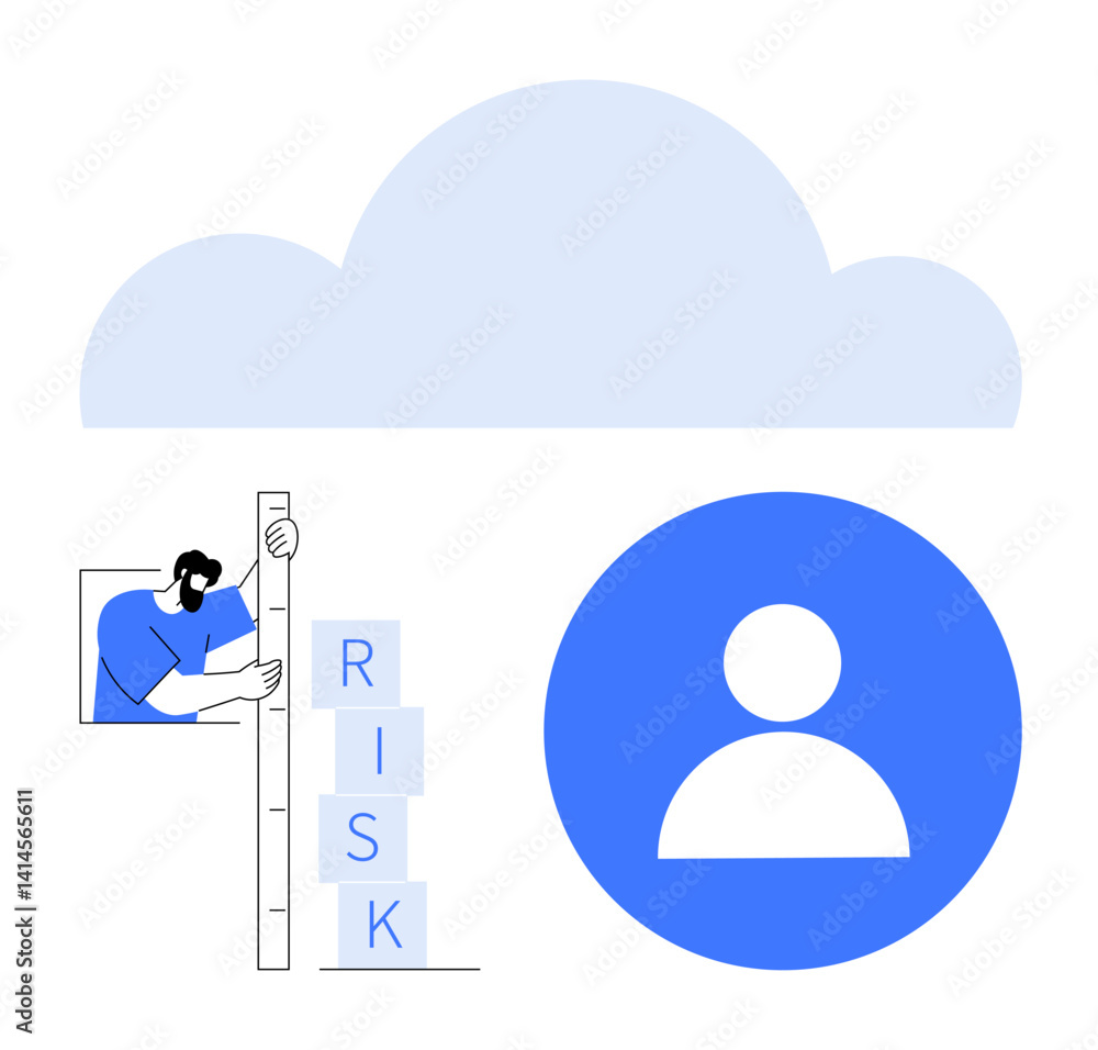 Poster man measuring blocks with risk near a user icon and a cloud. ideal for cloud computing, risk managem