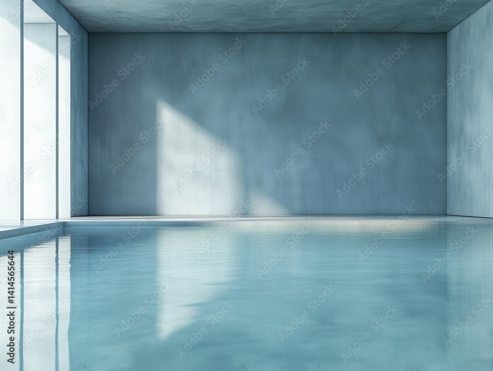 Poster Serene Indoor Pool Reflecting Light on Concrete Walls Minimalist Architecture Tranquil Water Surface Calm Atmosphere Modern Design Empty Space