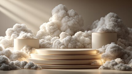 Dreamy cloud podium with 3d display stage for product mockup in soft background and clean render