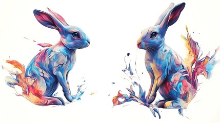 Colorful Rabbits with Paint Splash Art.