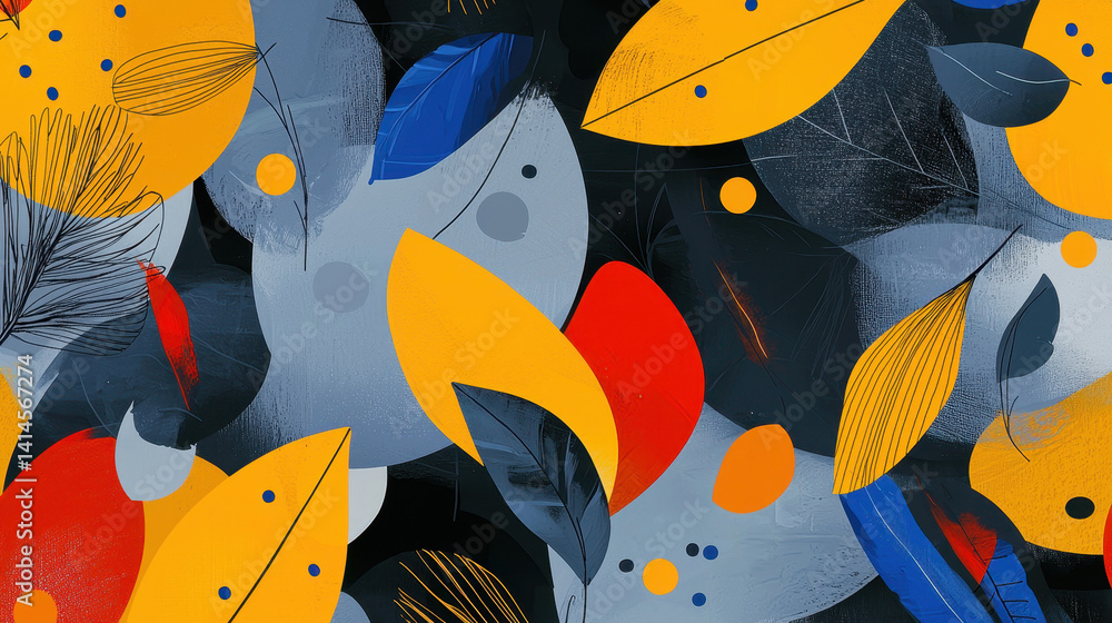 Poster abstract colorful leaves pattern with vibrant shades of yellow red black gray and blue in a modern a