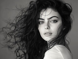 Naklejka premium Black and White Portrait of a Woman with Windblown Hair