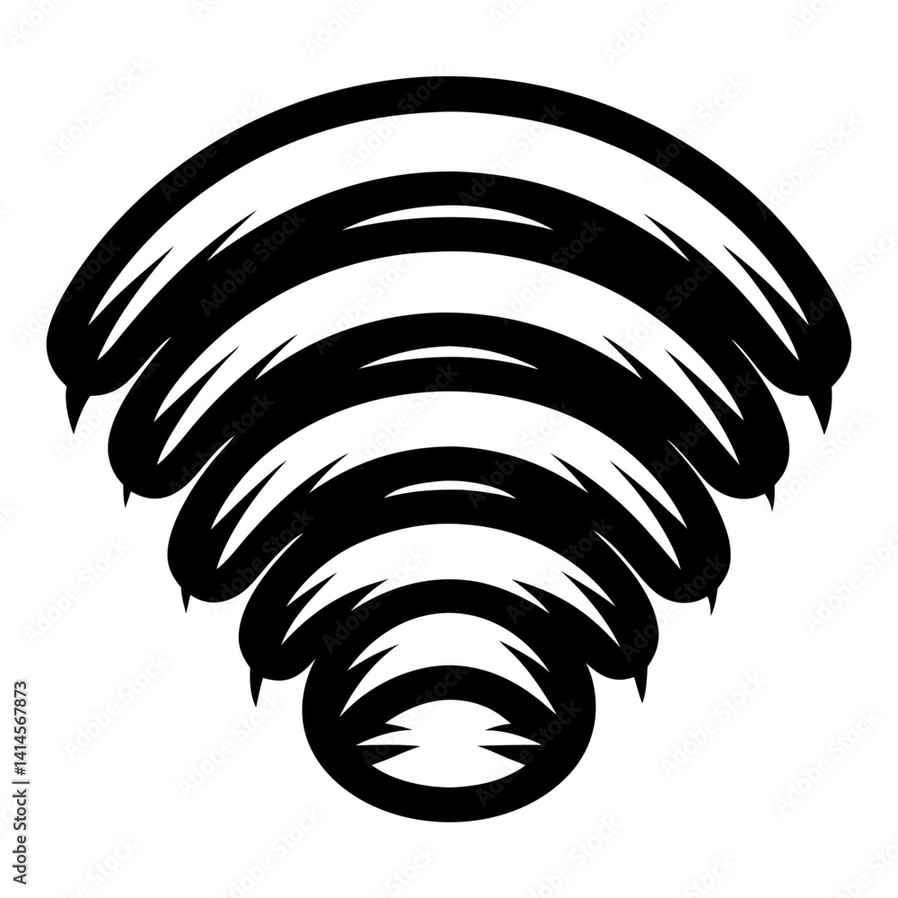 Poster stylized abstract black and white pattern featuring concentric arcs and sharp points