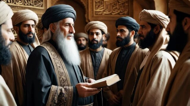 An elderly sheik in the past, surrounded by a group of Muslim people in traditional Middle Eastern attire
