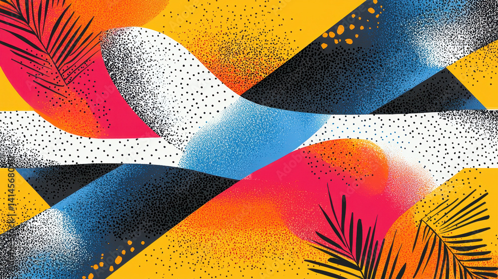 Poster abstract vibrant colorful modern artwork with geometric shapes splashes of paint and stylized botani