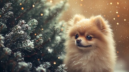 Obraz premium Adorable Pomeranian Dog Near Christmas Tree in a Winter Setting