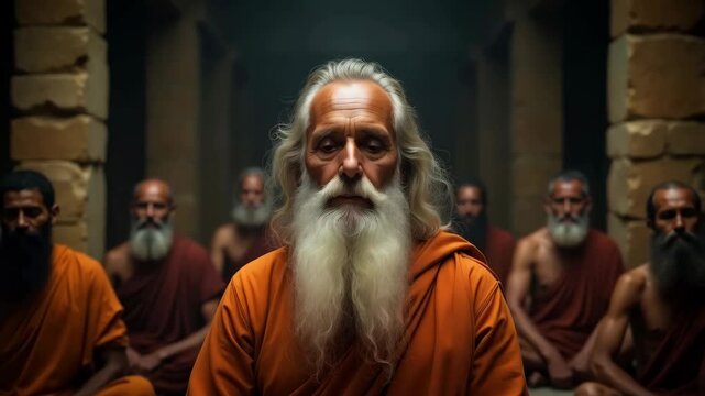 Indian guru or sadhu surrounded by his disciples