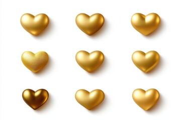 Fototapeta premium Elegant golden hearts arranged on a clean white background creating a luxurious and romantic atmosphere with soft shadows and smooth textures