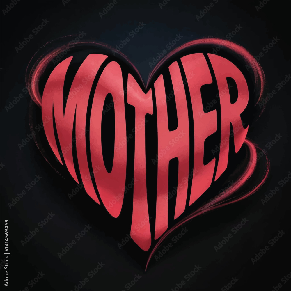 Fototapete heart of words: “mother” shaped in a red heart form, distorted yet clear on deep black canvas, typog