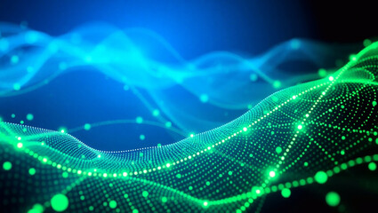 Obraz premium Abstract Futuristic Technology Background with Dynamic Green and Blue Particle Waves and Light Trails Visualizing Data Flow