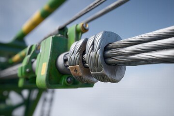 Steel cable tension system in close-up, mechanical connection and strength under pressure