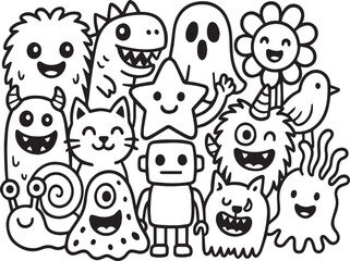 Bold Outlined Black and White Doodle Art Cute Cartoon Creatures and Whimsical Characters Illustration