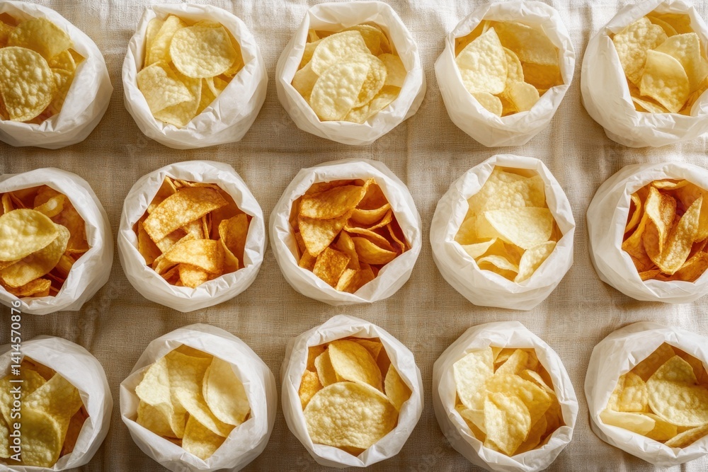 Poster elevated view of assorted potato chips in white paper bags arranged on a textured linen surface crea
